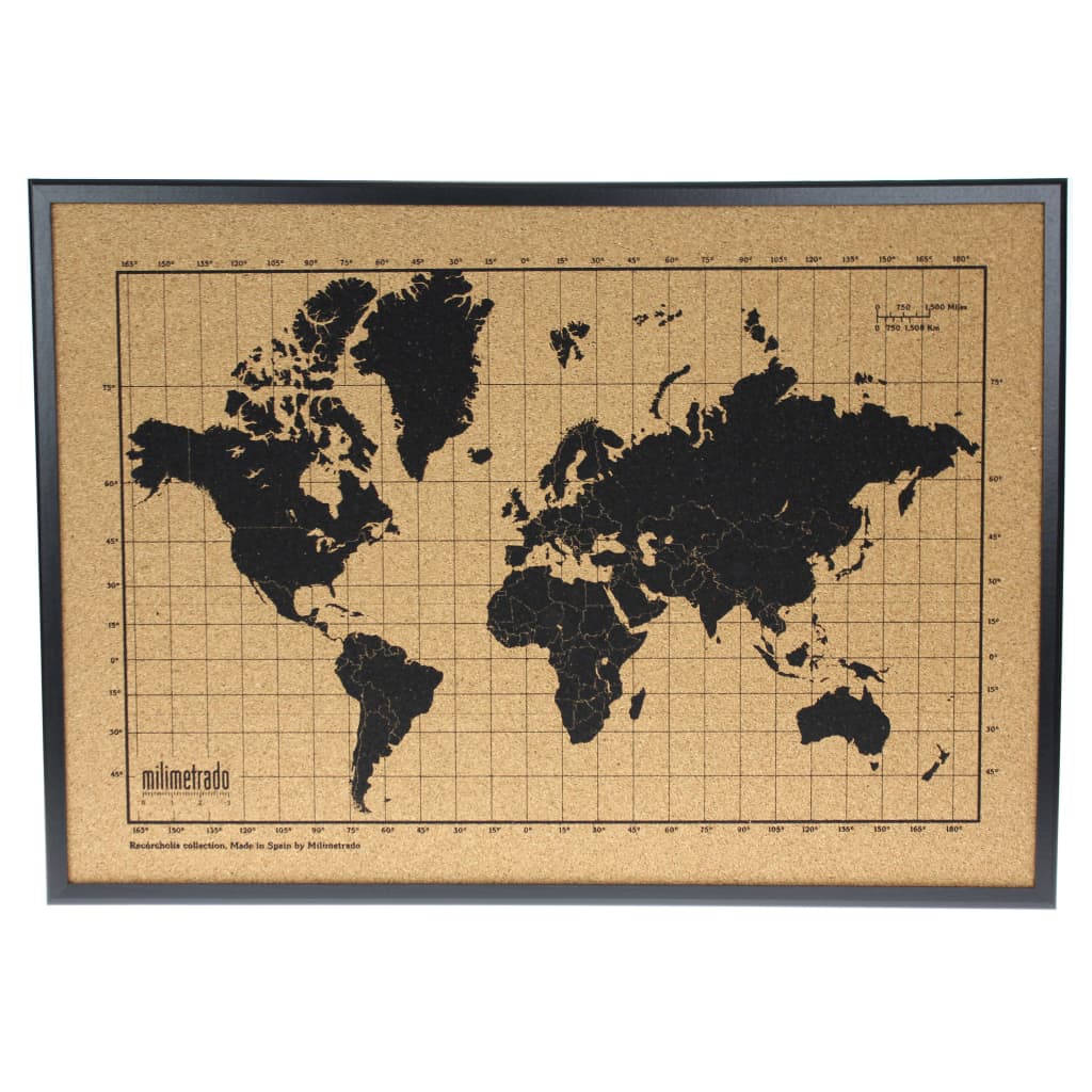 milimetrado verdenskort korkplade med træramme 70 x 50 cm sort brun