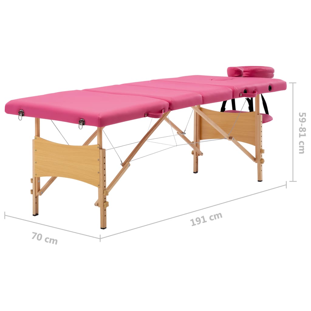 vidaXL sammenfoldeligt massagebord med træstel 4 zoner lyserød