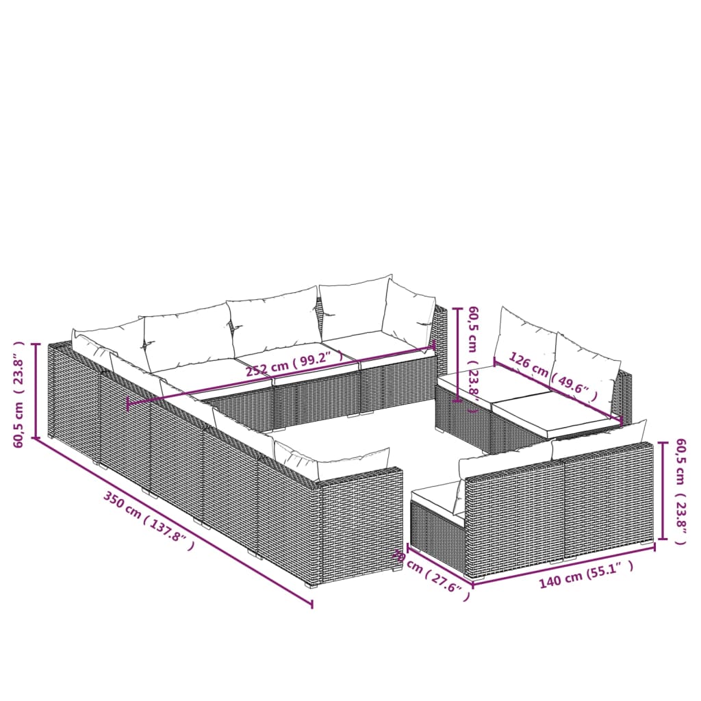 vidaXL loungesæt til haven 12 dele med hynder polyrattan brun