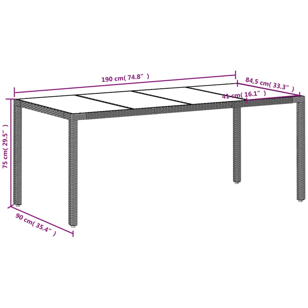 vidaXL havebord med glastop 190x90x75 cm polyrattan lysegrå