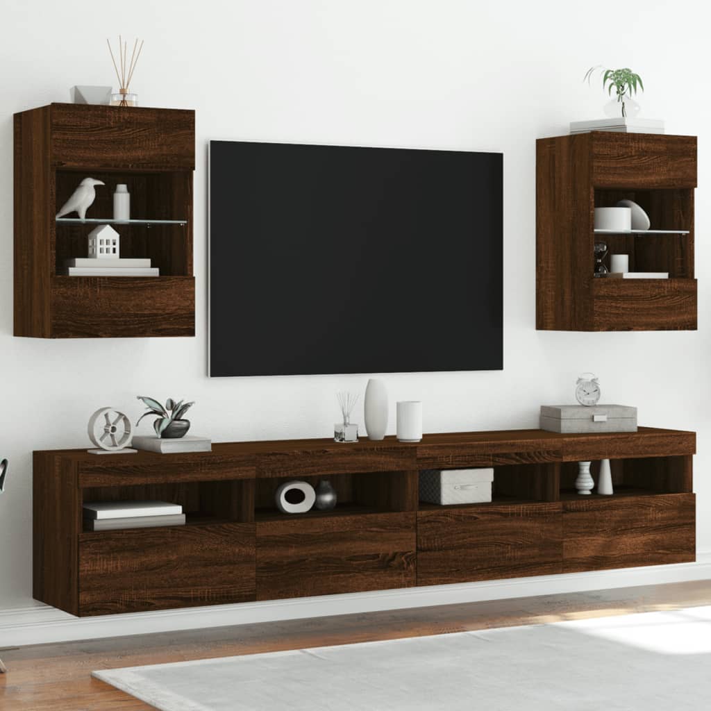 vidaXL væghængt tv-bord med LED-lys 40x30x60,5 cm brun egetræsfarve