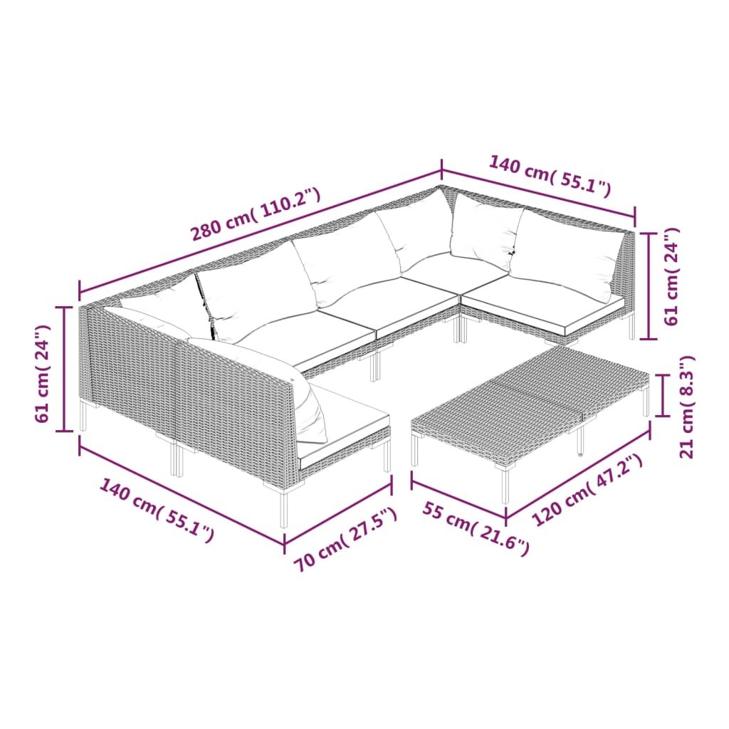 vidaXL loungesæt til haven 7 dele med hynder polyrattan mørkegrå