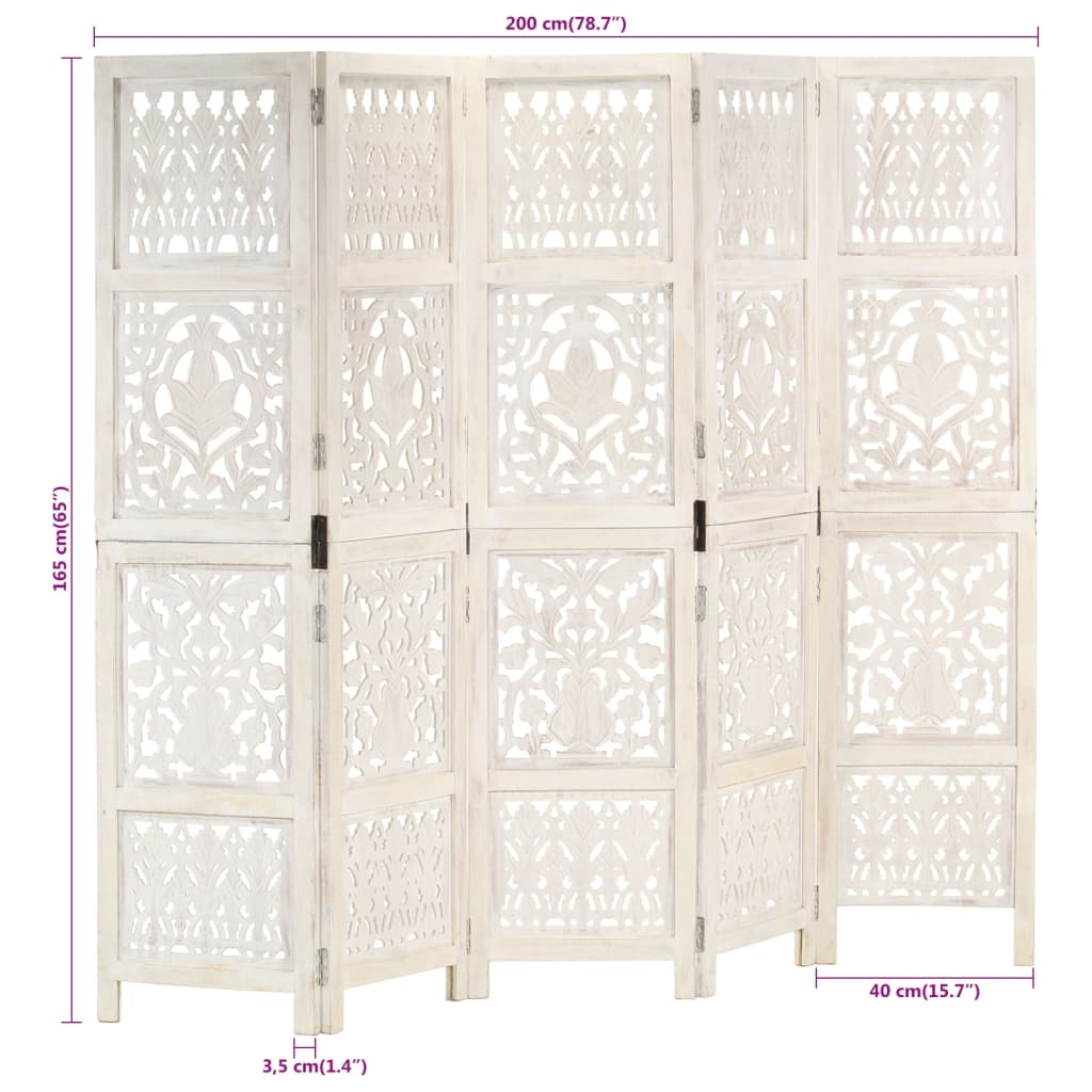 vidaXL 5-panels rumdeler håndskåret 200x165 cm massivt mangotræ hvid