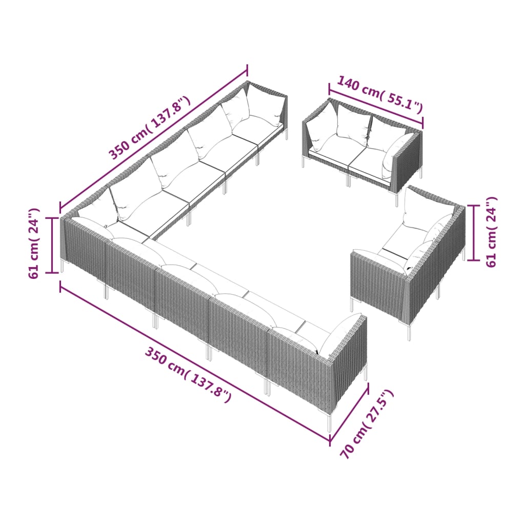 vidaXL loungesæt til haven 13 dele med hynder polyrattan mørkegrå