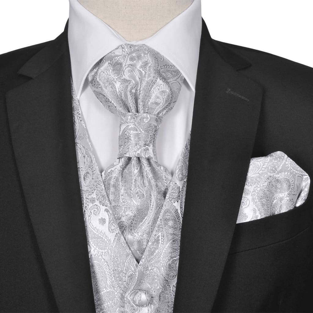 Bryllupsvest m. tilbehør til mænd str. 52 paisleymønstret sølvfarvet