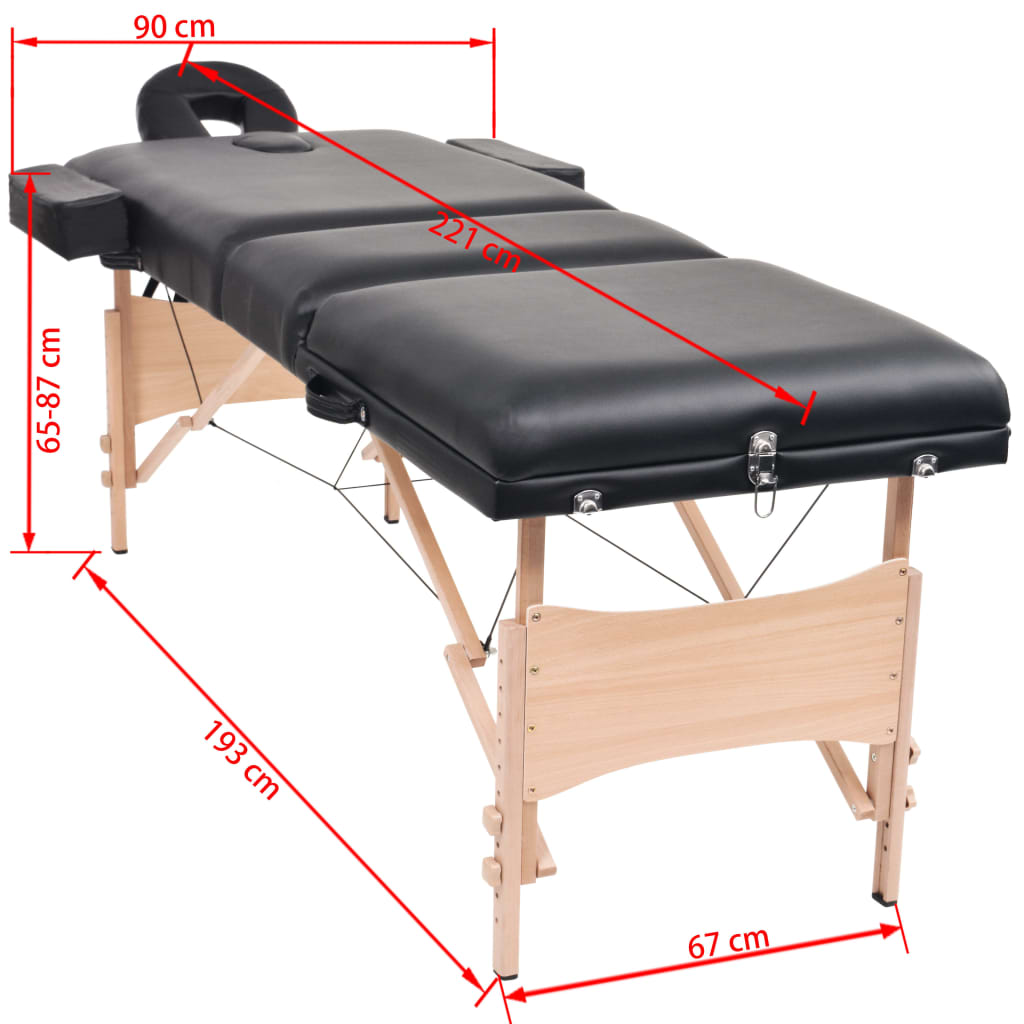 vidaXL sammenfoldeligt massagebord 3 zoner 10 cm tyk hynde sort
