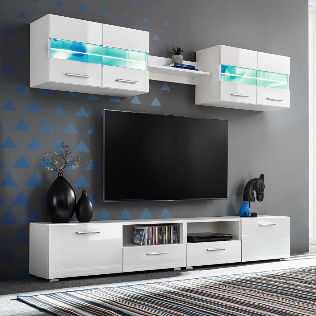 vidaXL skabssæt 5 dele med tv-skab og LED-lys hvid højglans
