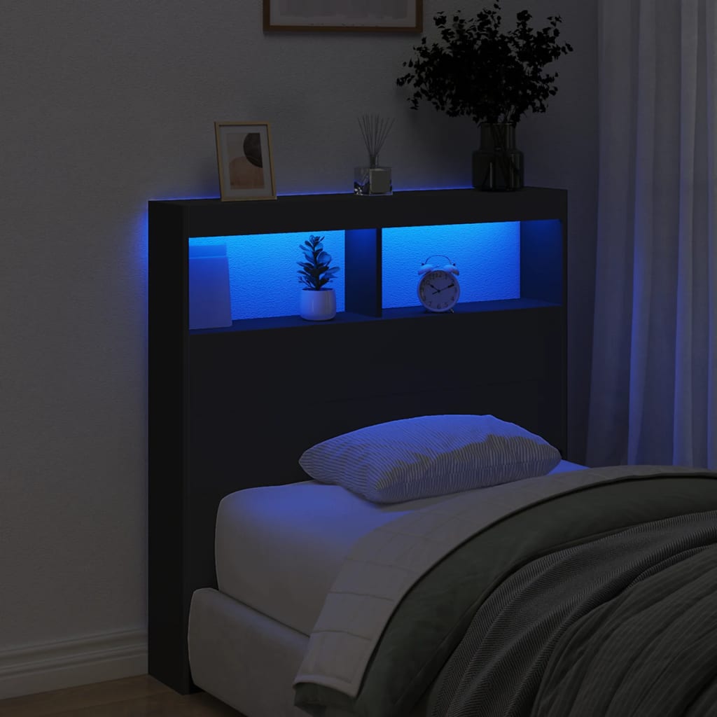 vidaXL sengegavl med opbevaring og LED-lys 100x17x102 cm sort
