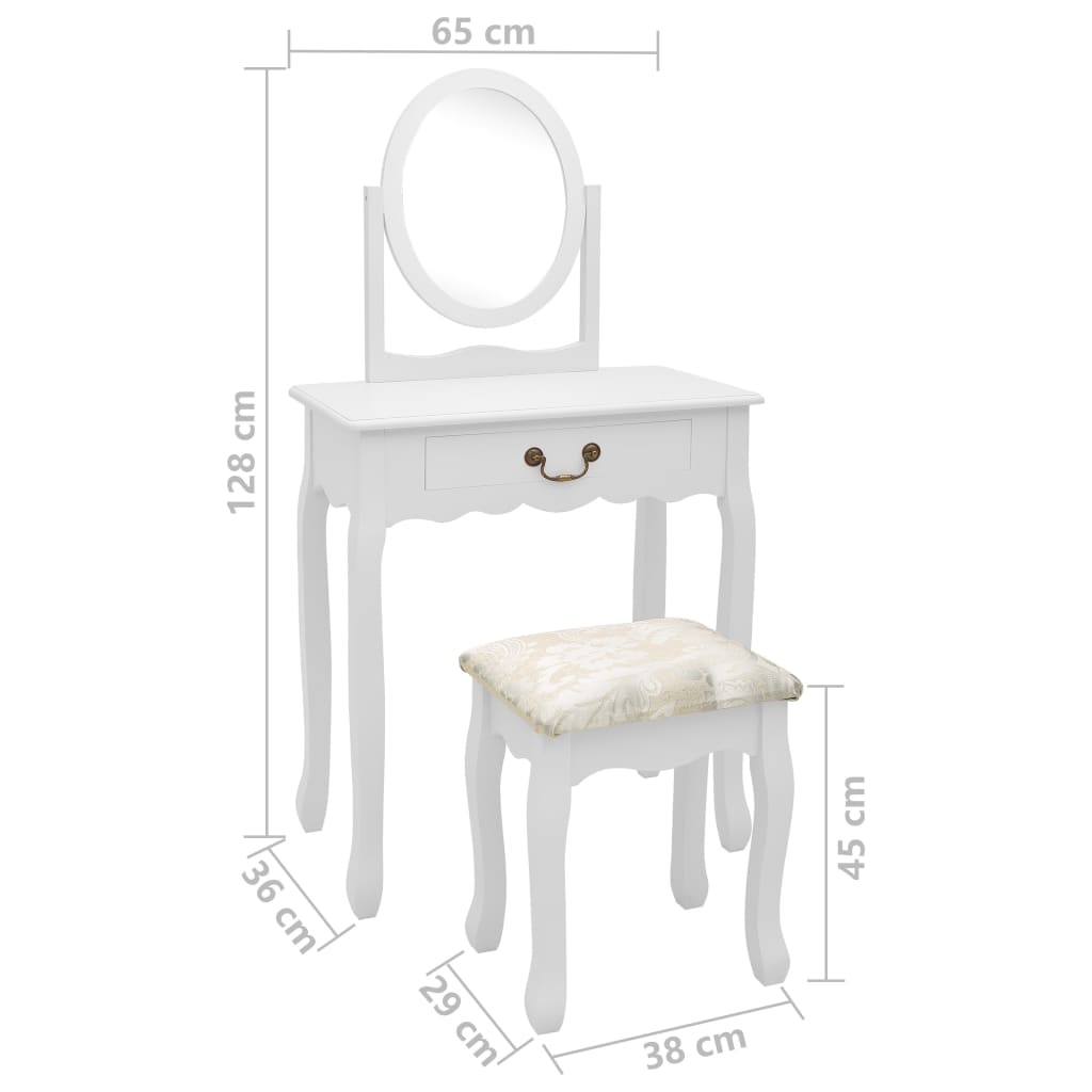 vidaXL kosmetikbord med taburet 65x36x128 cm kejsertræ MDF hvid