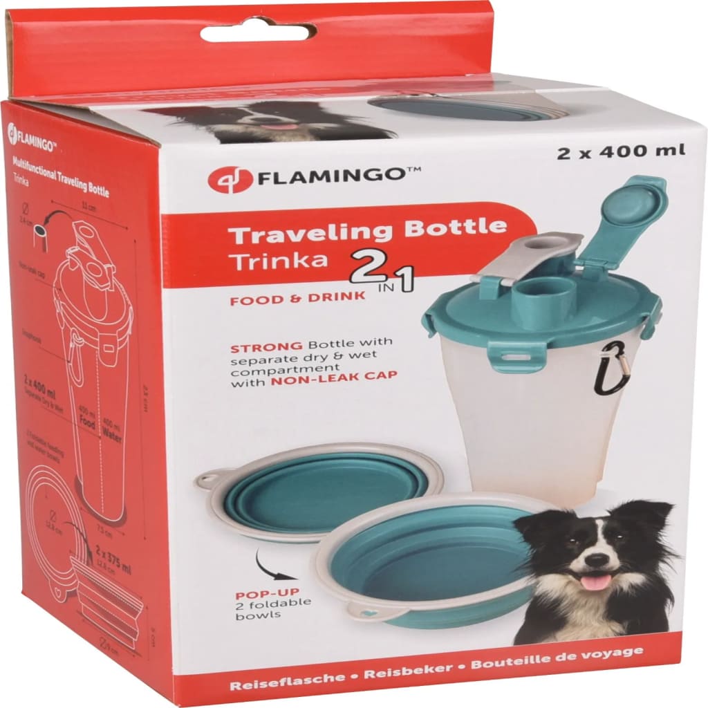 FLAMINGO 2-i-1 rejsekop til kæledyr til vand/mad Trinka blå og grå