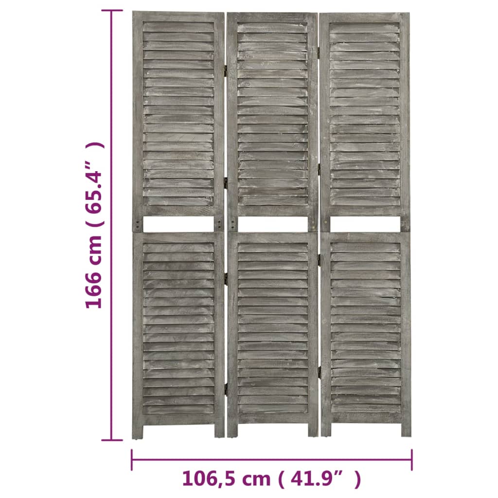 vidaXL 3-panels rumdeler 106,5x166 cm massivt træ grå