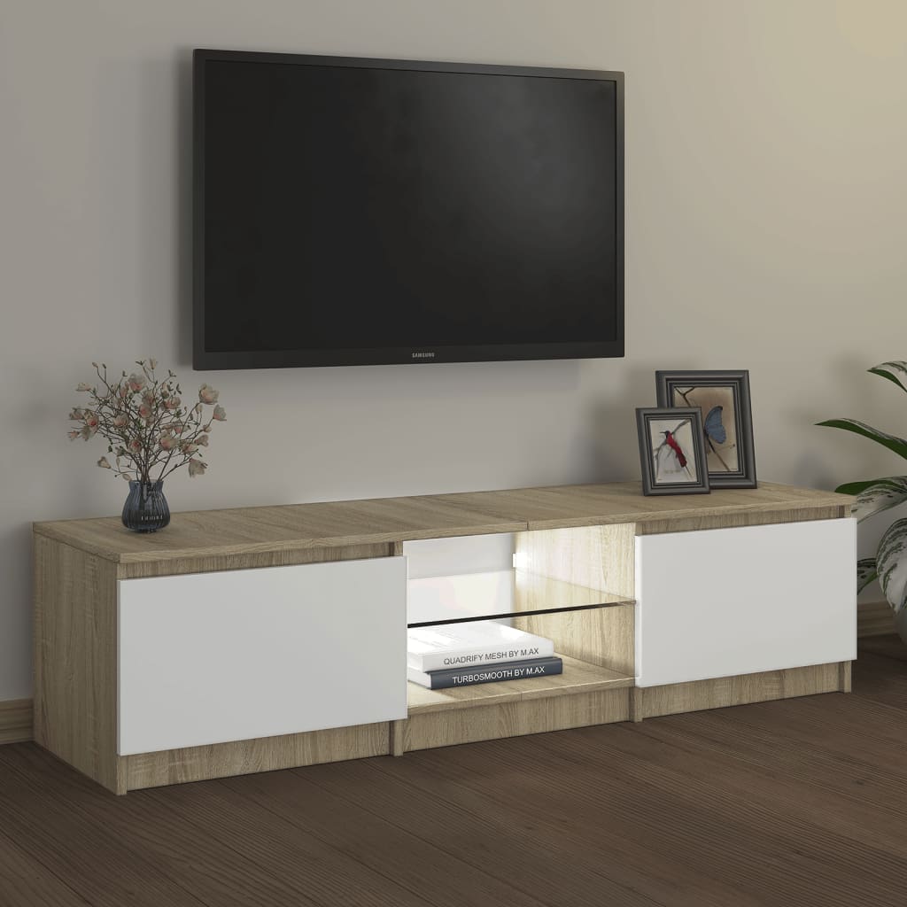 vidaXL tv-bord med LED-lys 140x40x35,5 cm hvid og sonoma-eg