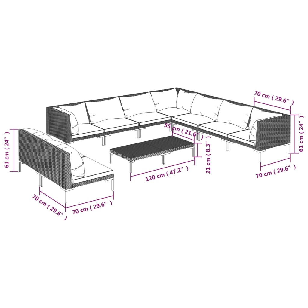 vidaXL loungesæt til haven 10 dele med hynder polyrattan mørkegrå
