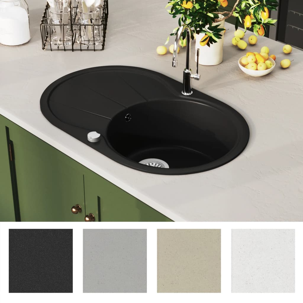 vidaXL køkkenvask enkelt vask oval granit sort