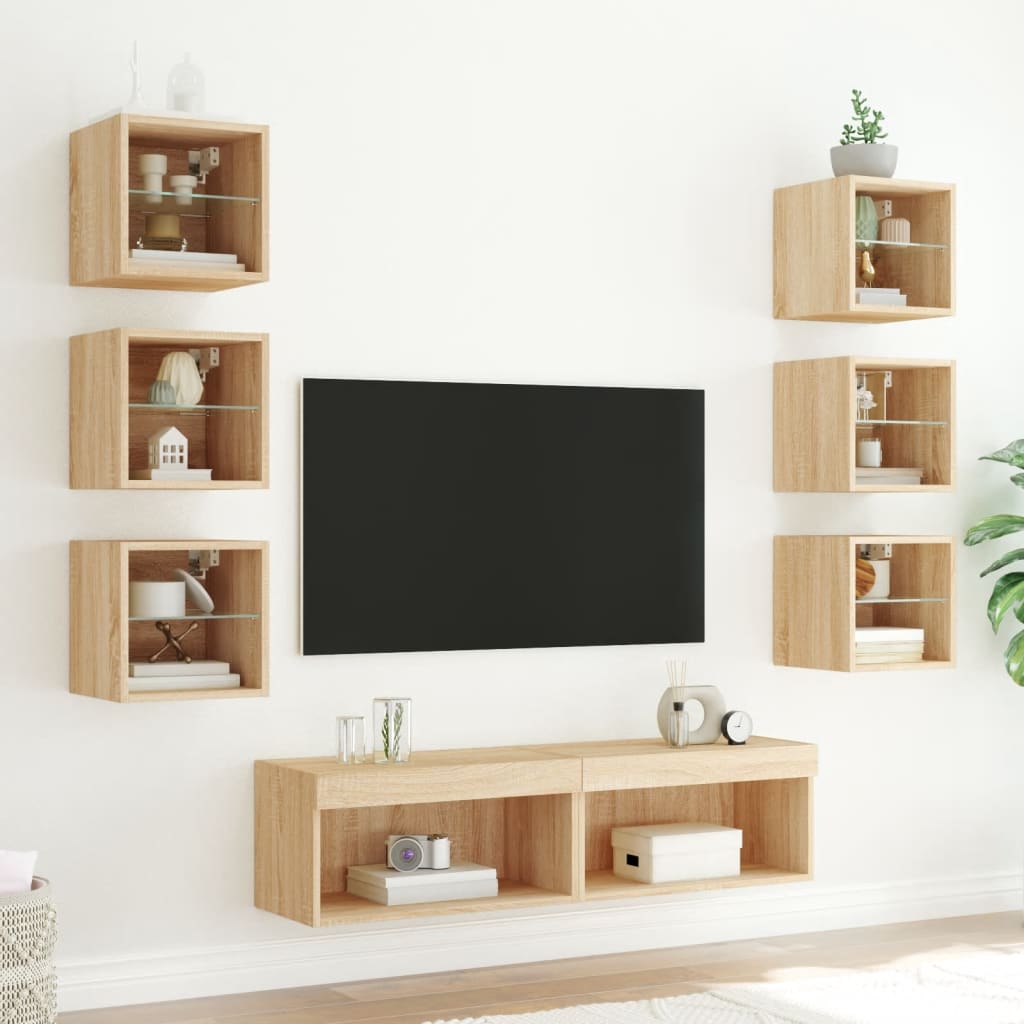 vidaXL tv-møbel til væg 8 dele med LED-lys konstrueret træ sonoma-eg