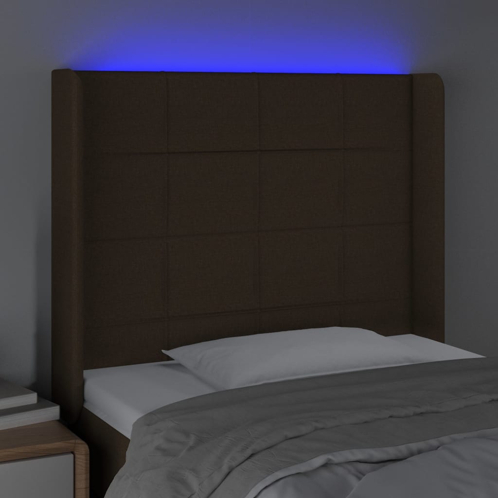 vidaXL sengegavl med LED-lys 83x16x118/128 cm stof mørkebrun