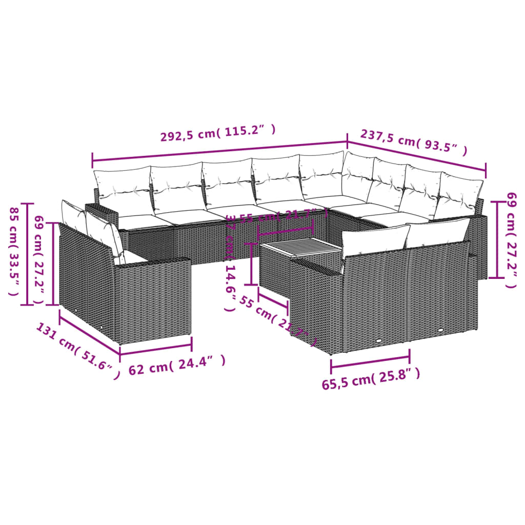 vidaXL sofasæt til haven 13 dele med hynder polyrattan grå