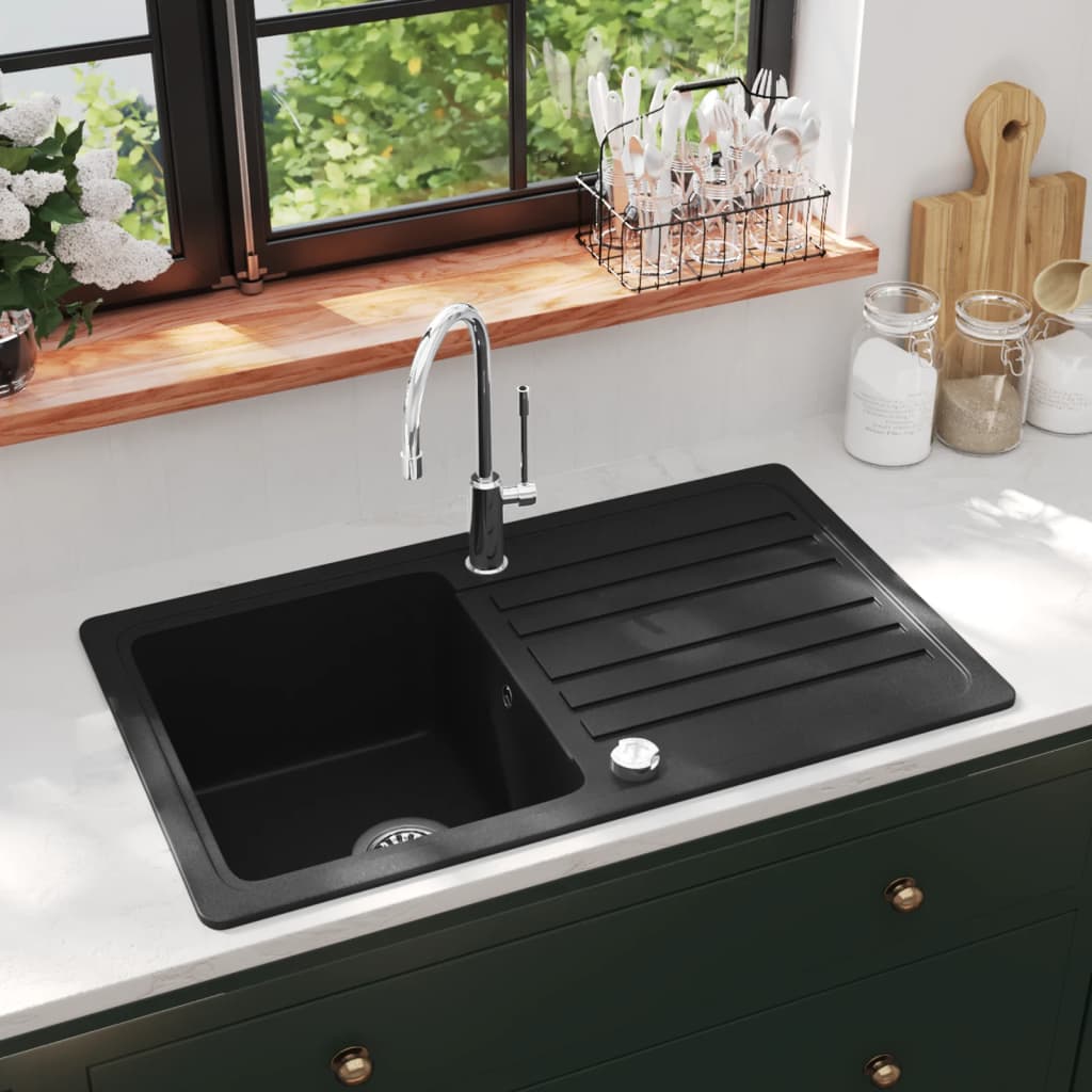 vidaXL køkkenvask i granit med afløbsbakke reversibel sort