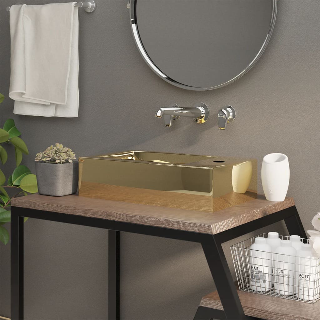vidaXL håndvask med overløb 49 x 25 x 15 cm keramik guldfarvet
