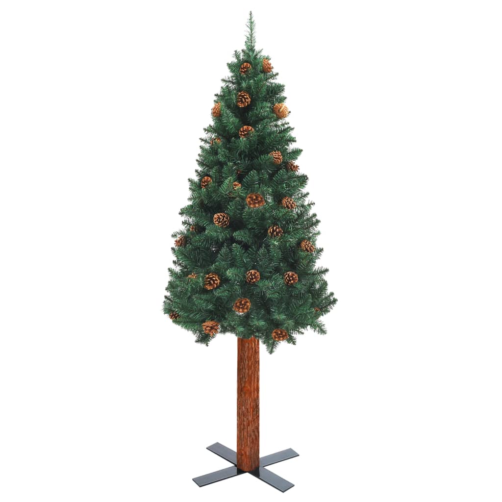 vidaXL smalt juletræ med lys + ægte træ og grankogler 210 cm grøn