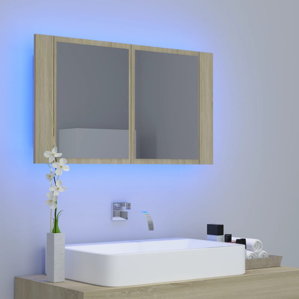 vidaXL badeværelsesskab m. spejl og LED-lys 80x12x45cm akryl sonoma-eg