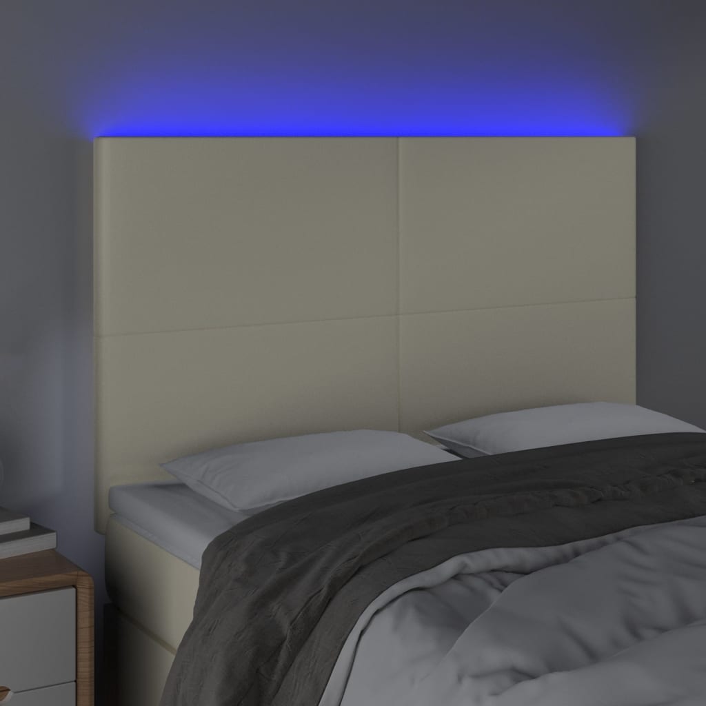 vidaXL sengegavl med LED-lys 144x5x118/128 cm kunstlæder cremefarvet