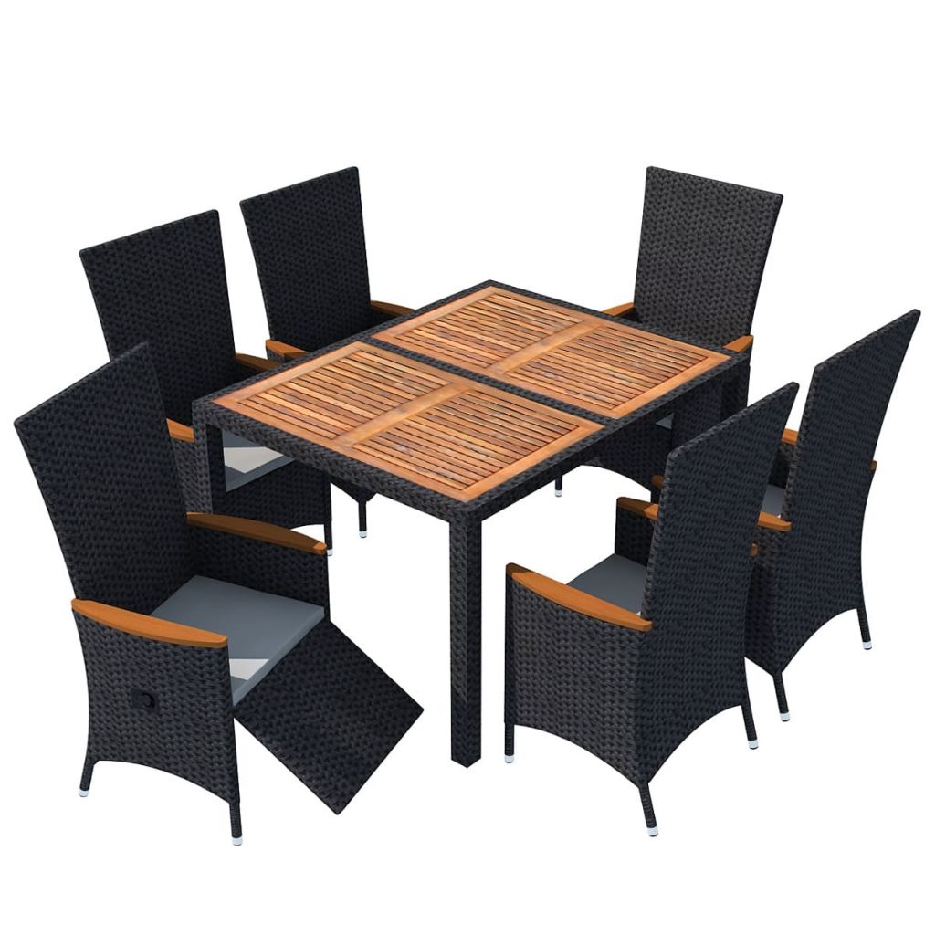 vidaXL udendørs spisebordssæt 7 dele polyrattan akacietræ sort