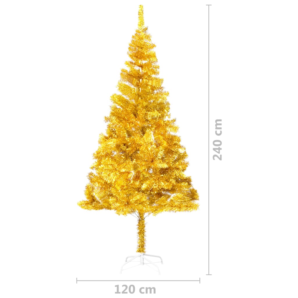 vidaXL kunstigt juletræ med lys og juletræsfod 240 cm PET guldfarvet