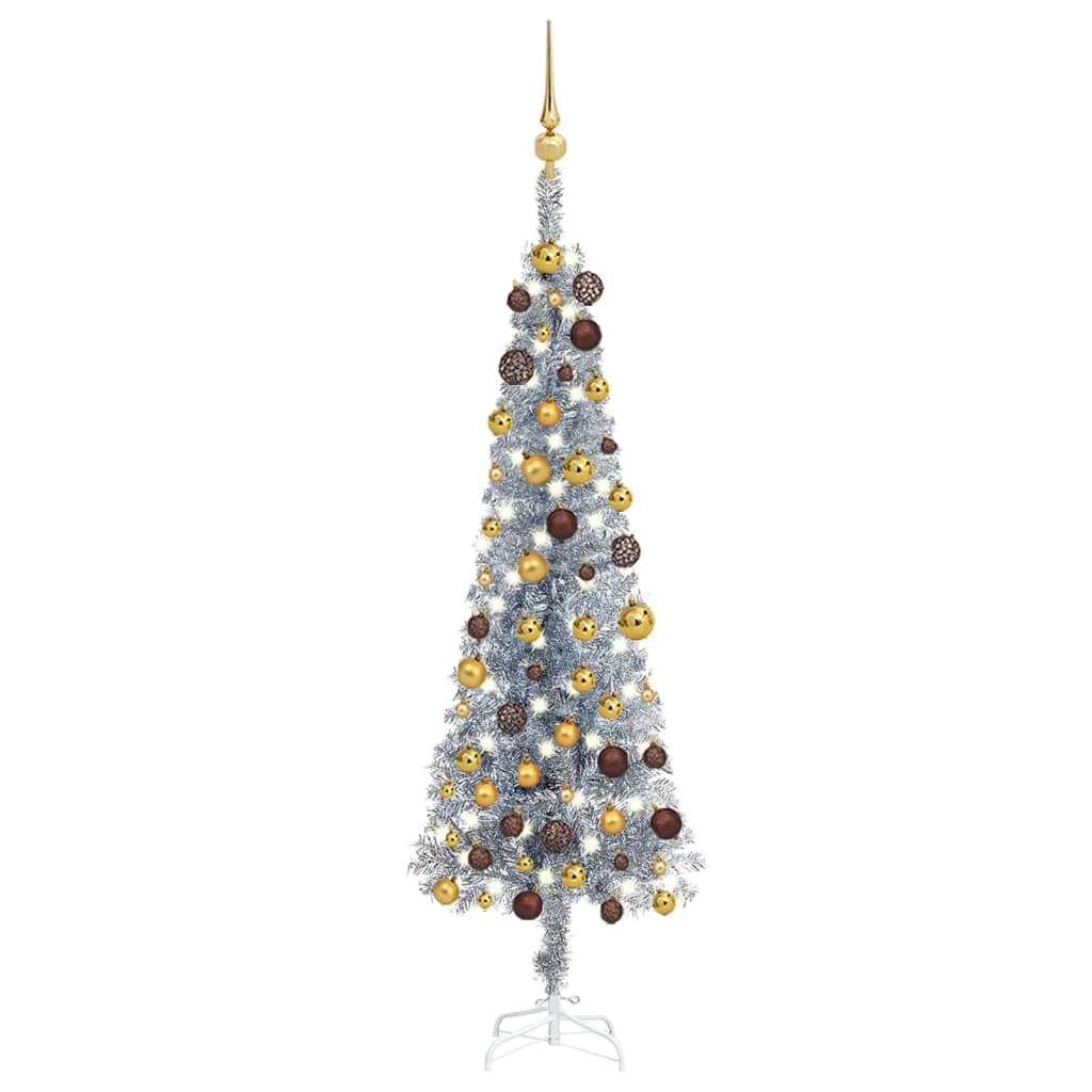 vidaXL kunstigt smalt juletræ med lys og kuglesæt 120 cm sølvfarvet