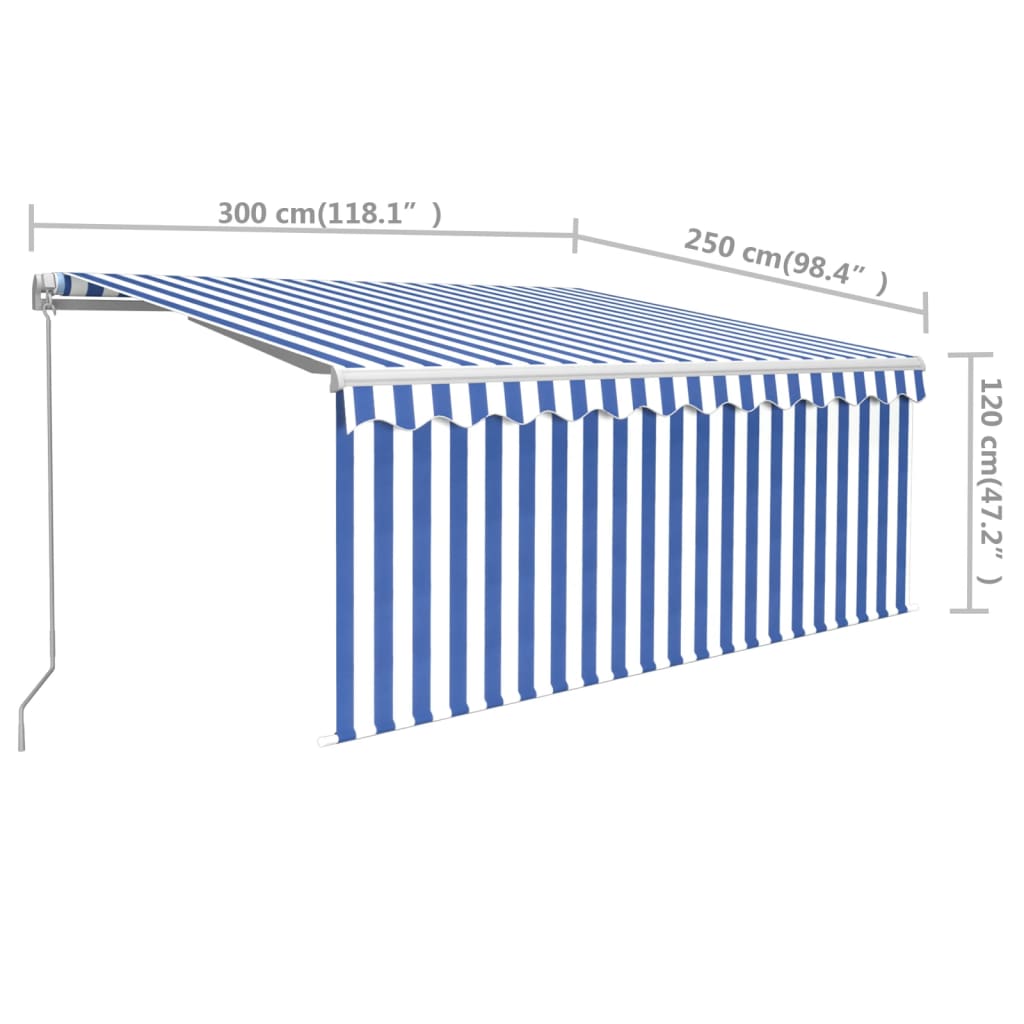 vidaXL markise m. gardin 3x2,5 m manuel betjening blå og hvid