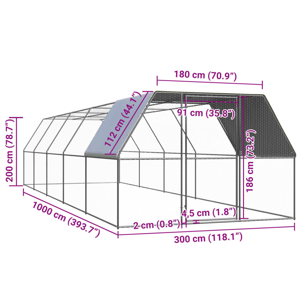 vidaXL udendørs hønsegård 3x10x2 m galvaniseret stål