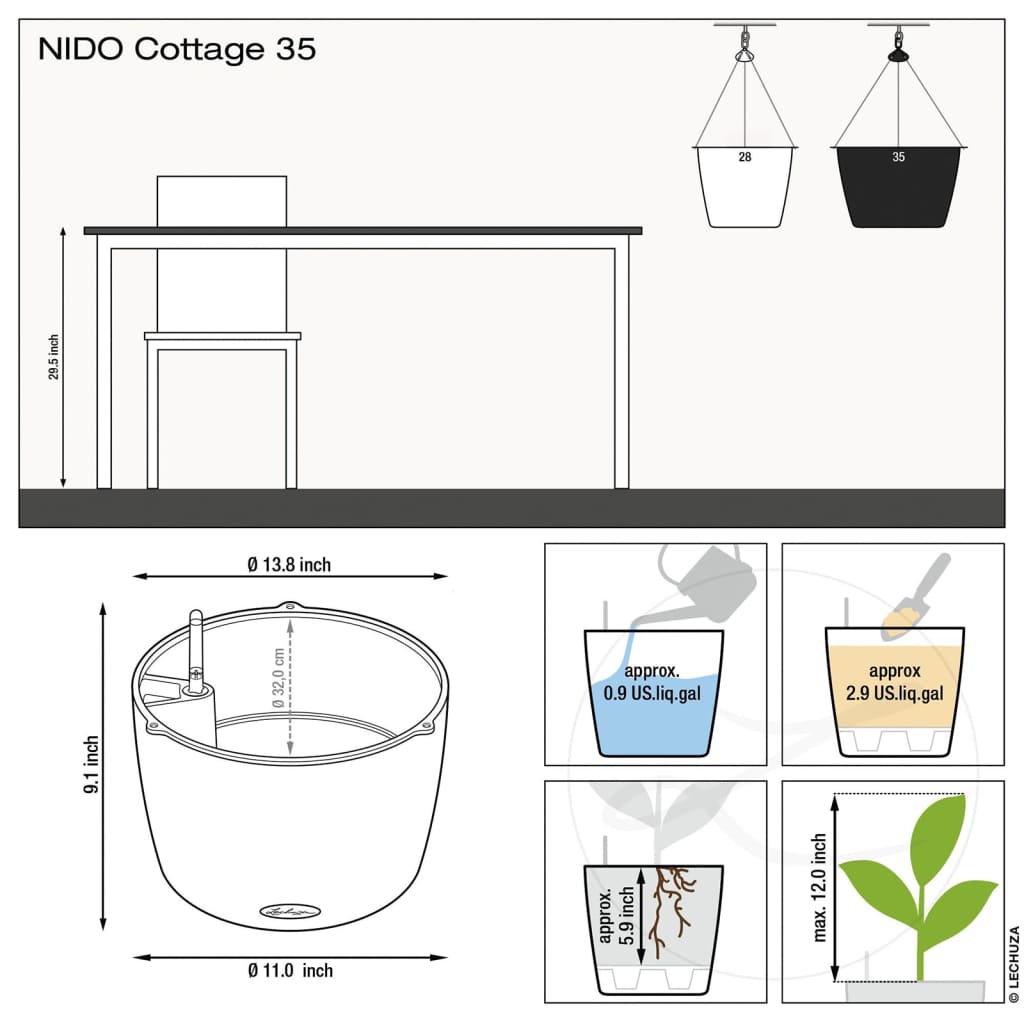 LECHUZA hængende plantekrukke NIDO Cottage 35 ALL-IN-ONE grafitsort