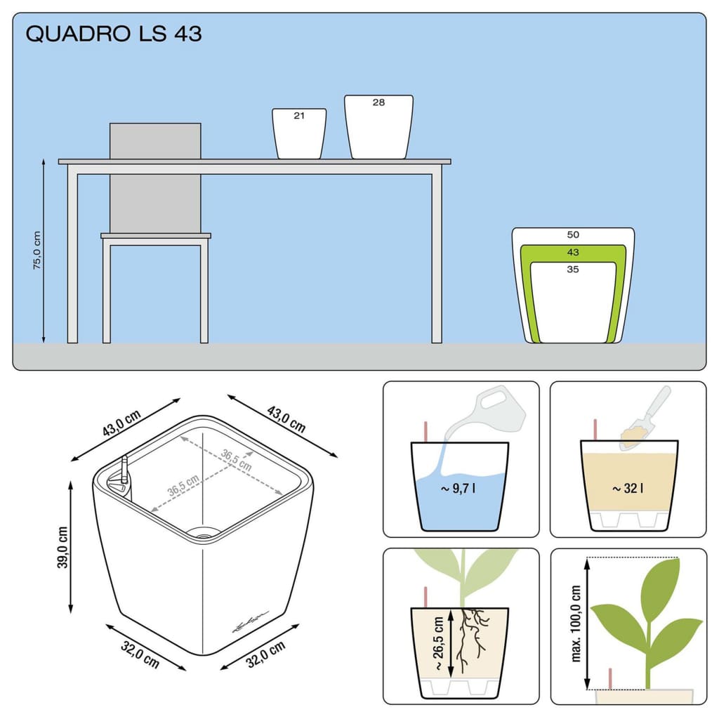 LECHUZA plantekrukke QUADRO LS 43 ALL-IN-ONE sort 16183