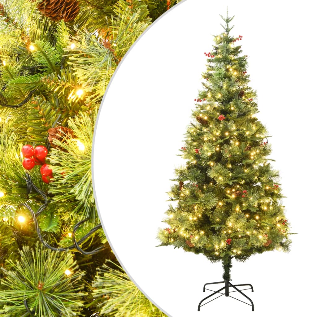 vidaXL juletræ med grankogler og lys PVC og PE 225 cm grøn