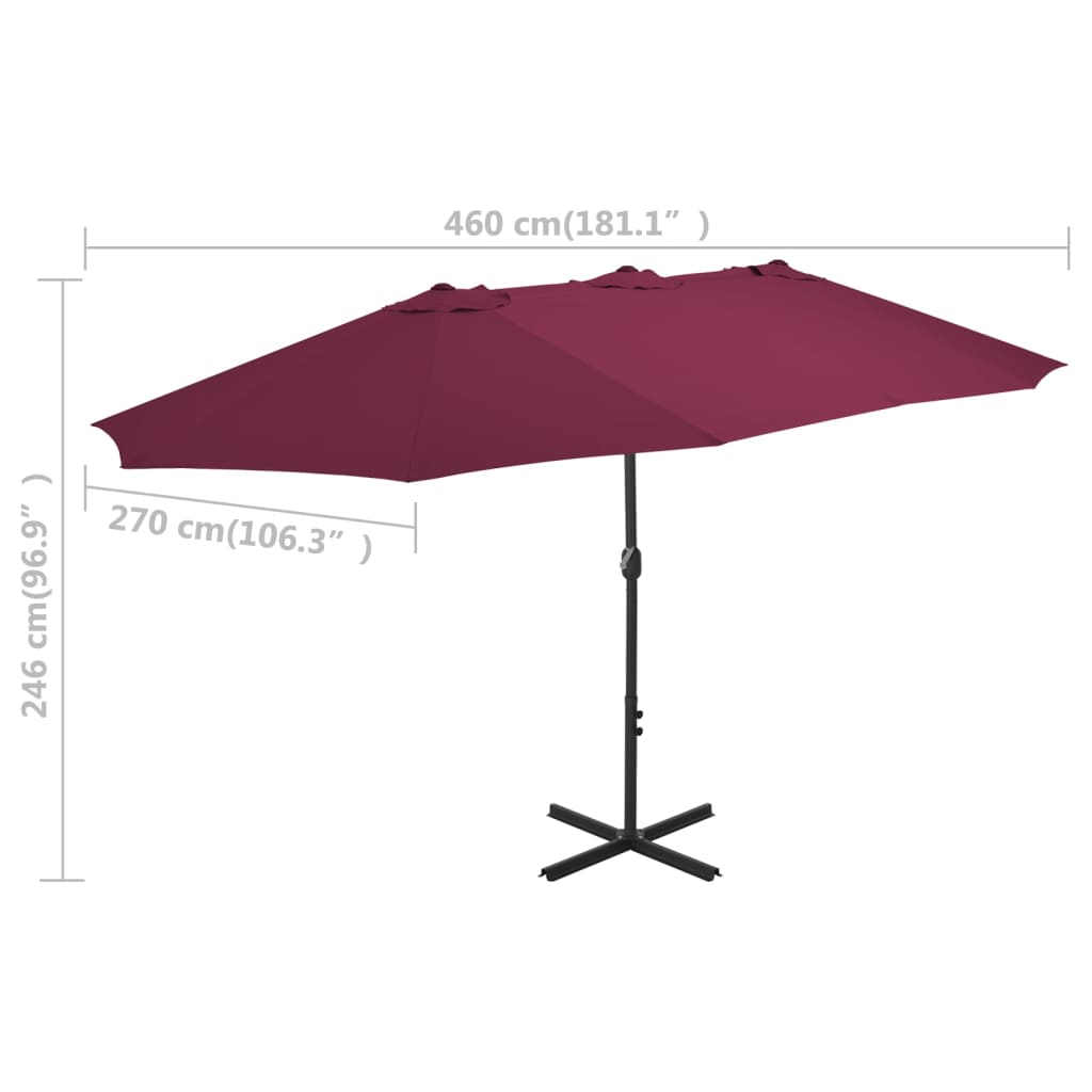 vidaXL udendørs parasol med aluminiumsstang 460 x 270 cm bordeauxrød
