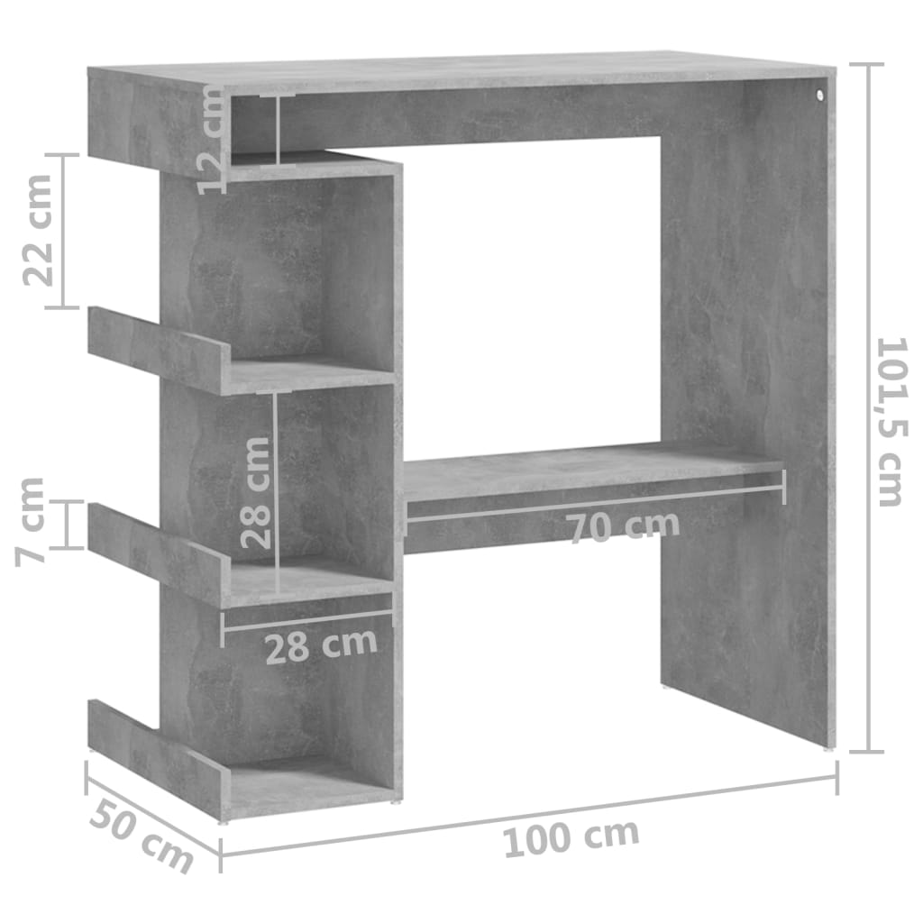 vidaXL barbord m. opbevaringsstativ 100x50x101,5 cm spånplade betongrå