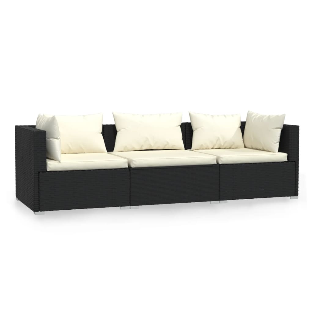 vidaXL 3-personers sofa med hynder polyrattan sort