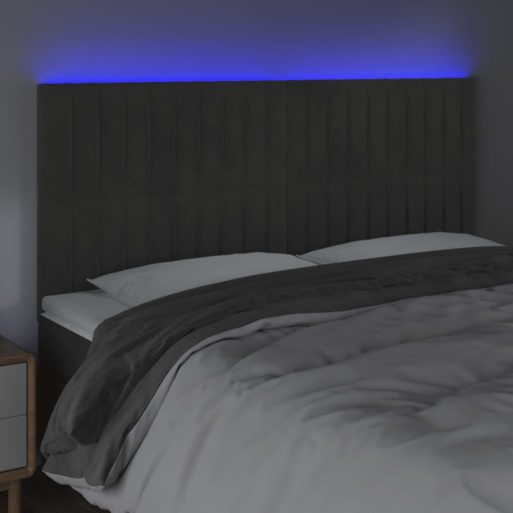 vidaXL sengegavl med LED-lys 200x5x118/128 cm fløjl mørkegrå