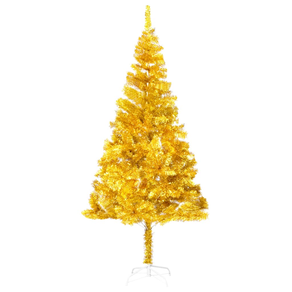 vidaXL kunstigt juletræ med lys og juletræsfod 210 cm PET guldfarvet