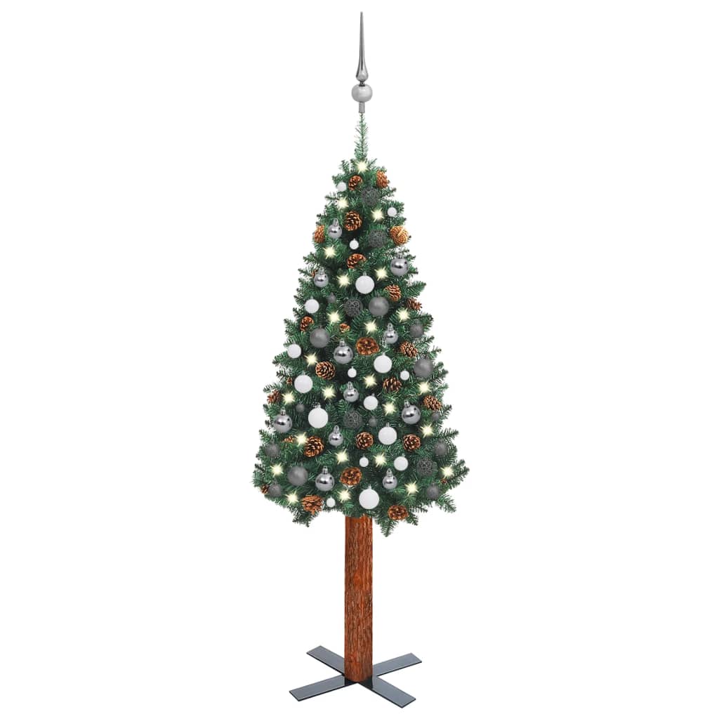 vidaXL kunstigt smalt juletræ med LED-lys og kuglesæt 150 cm PVC grøn