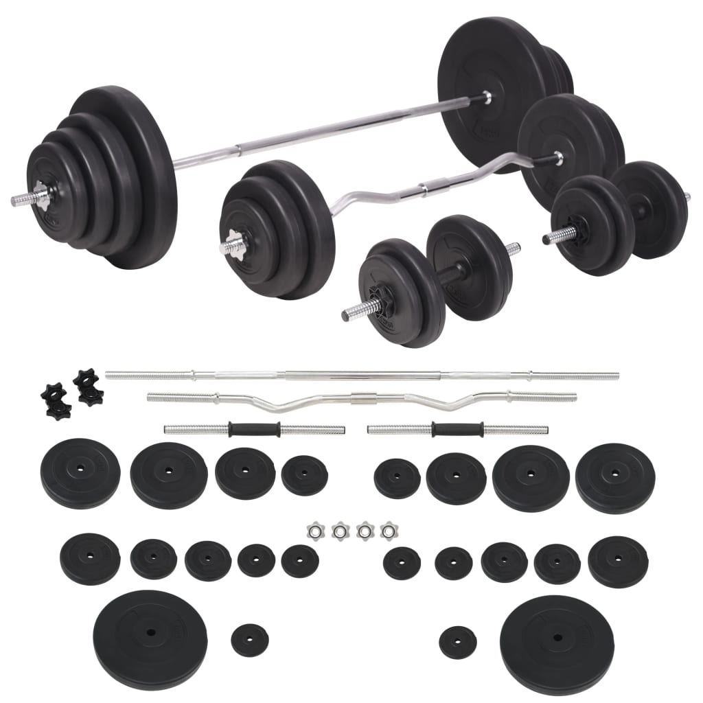 vidaXL træningsbænk med vægtstativ, vægtstang- og håndvægtsæt 120 kg