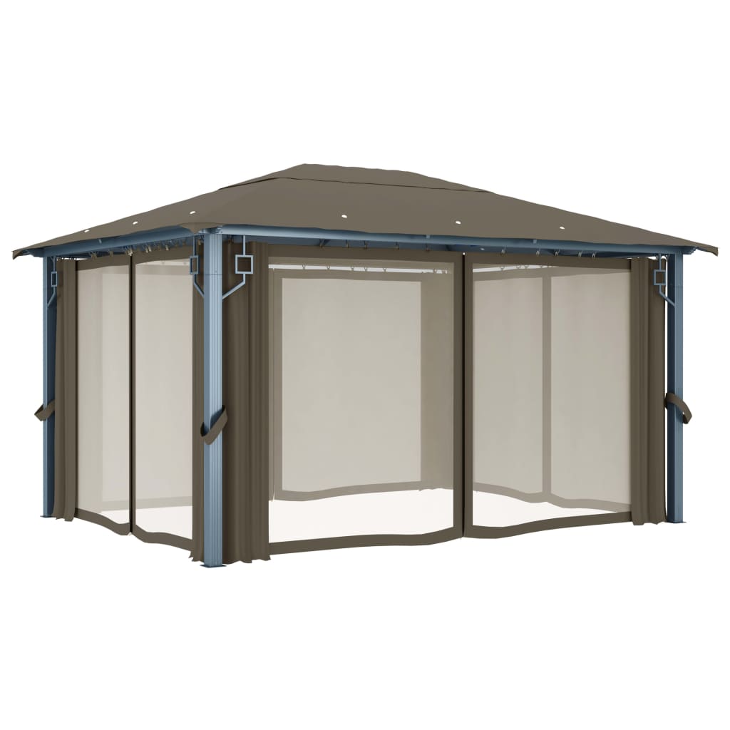 vidaXL pavillon med gardin + LED-lyskæde 400x300 cm aluminium gråbrun
