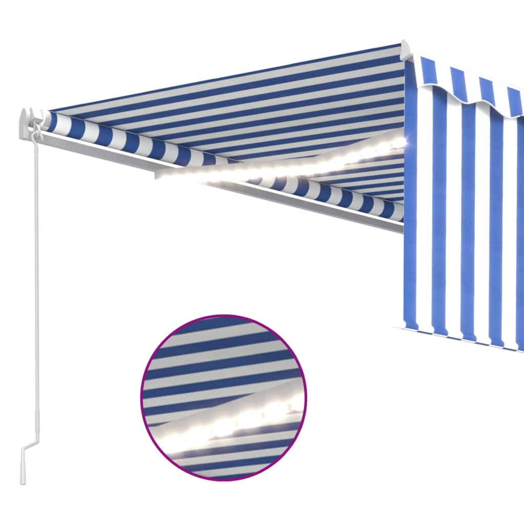 vidaXL markise m. gardin + LED 4x3 m manuel betjening blå og hvid