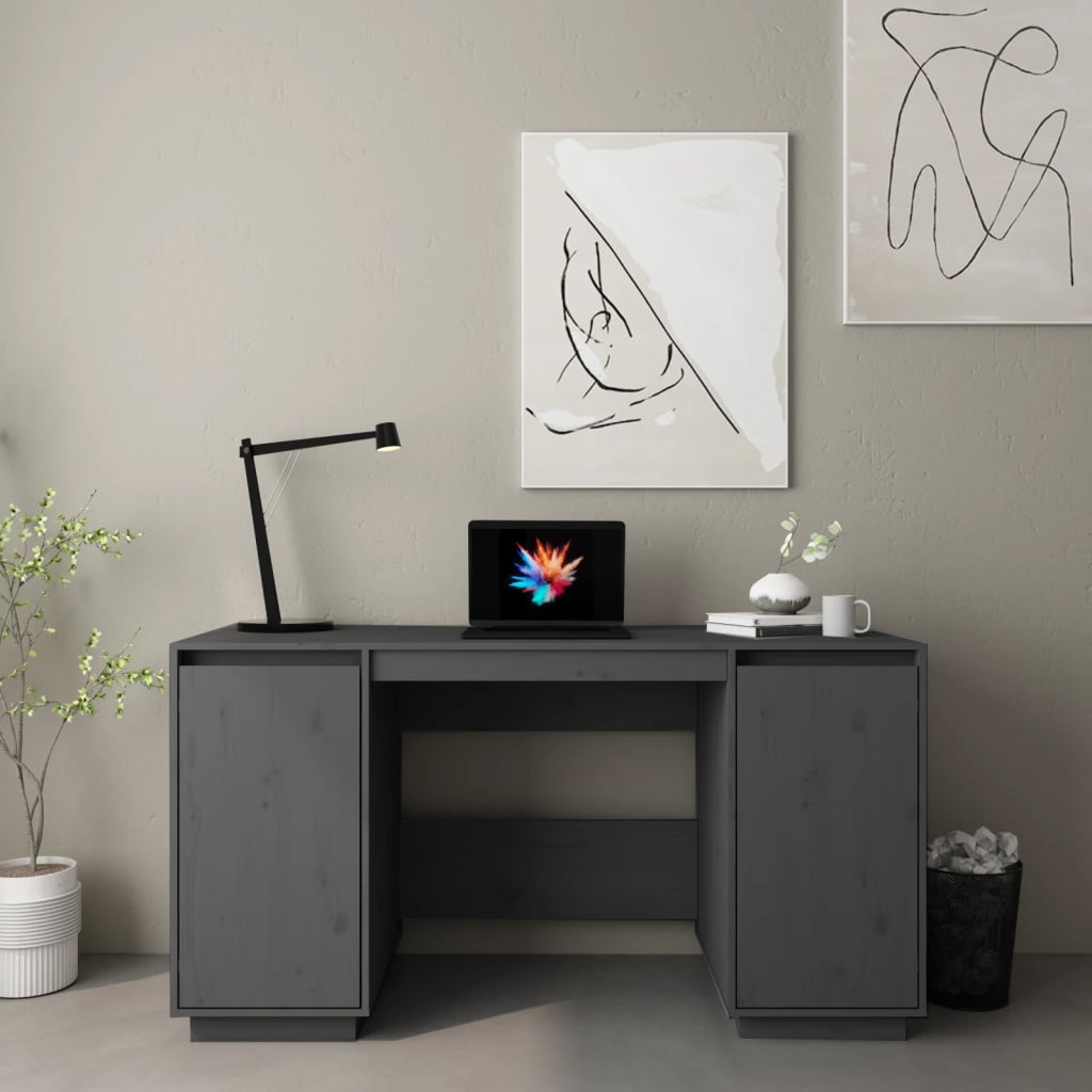vidaXL skrivebord 140x50x75 cm massivt fyrretræ grå
