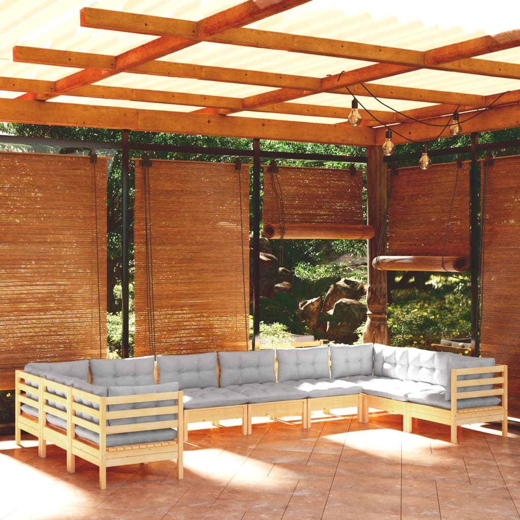 vidaXL loungesæt til haven 10 dele med grå hynder fyrretræ