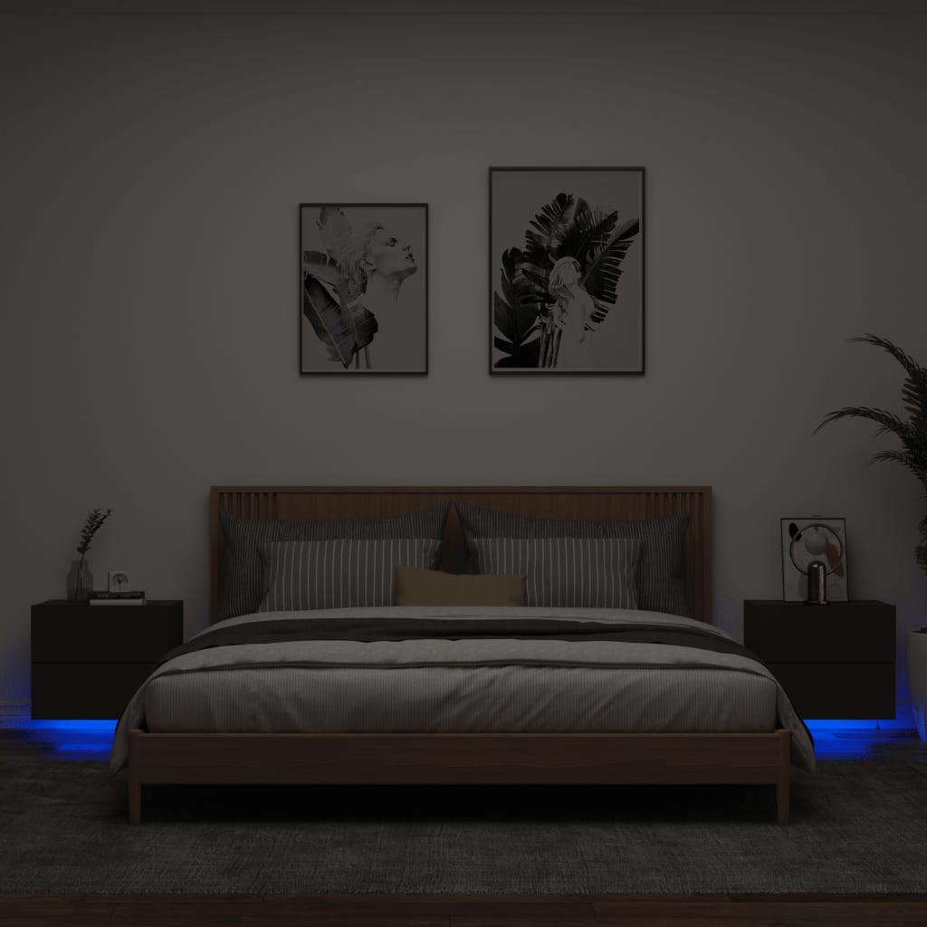 vidaxL væghængte sengeborde 2 stk. med LED-lys sort