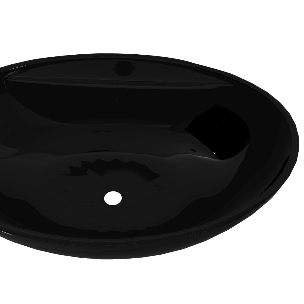 Keramisk badeværelsesvask basin vandhane/overfyldningshul sort oval