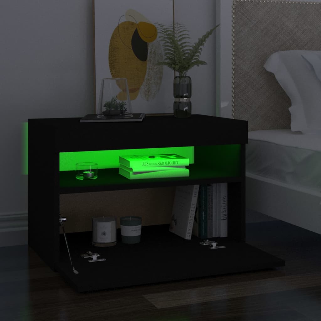 vidaXL sengebord med LED-lys 60x35x40 cm konstrueret træ sort
