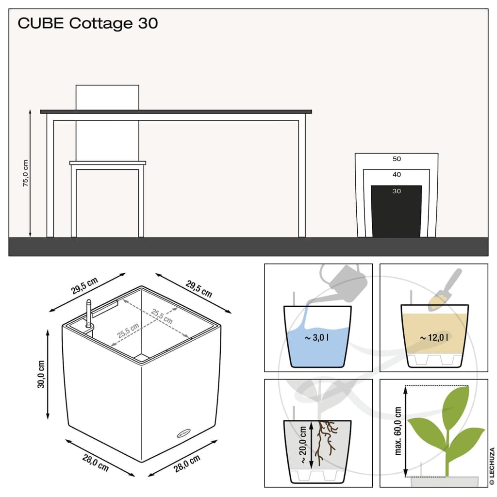 LECHUZA plantekrukke CUBE Cottage 30 ALL-IN-ONE granitgrå