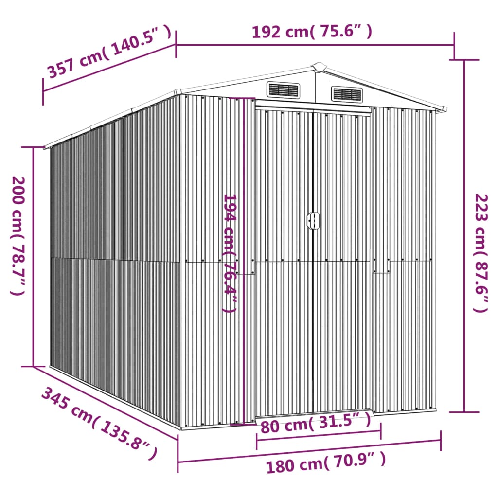 vidaXL haveskur 192x357x223 cm galvaniseret stål antracitgrå